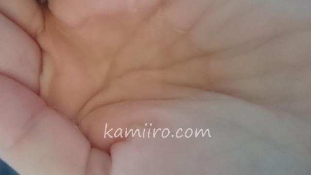 守り髪シャンプーを手のひらに出し質感を確かめている写真