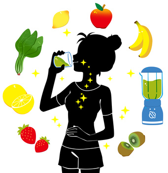 スムージーを飲む女性のシルエットと野菜を効率よく摂取するイメージ