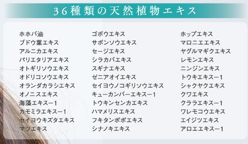 36種類の天然植物エキス「ホホバ油・ブドウ葉エキス・アルニカエキス・バリ恵田リアエキス・オドリコソウエキス・オランダカラシエキス・海藻エキス-1・カモミラエキス-1・セイヨウキズタエキス・マツエキス・ゴボウエキス・サボンソウエキス・セージエキス・シラカバエキス・ゼニアオイエキス・セイヨウノコギリソウエキス・キューカンバーエキス-1・トウキンセンカエキス・ハマメリスエキス・フキタンポポエキス・シナノキエキス・ホップエキス・マロニエエキス・ヤグルマギクエキス・レモンエキス・ニンジンエキス・トウキエキス-1・シャクヤクエキス・クワエキス・クララエキス-1・ワレモコウエキス・エイジツエキス・アロエエキス-1」