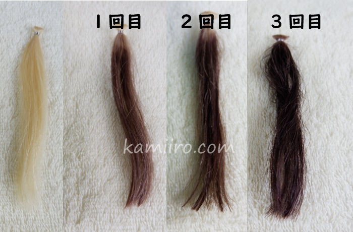ルプルプヘアカラートリートメントで染めた人毛毛束。1回目・2回目・3回目の比較写真