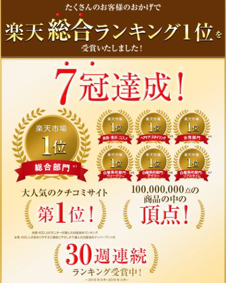 ルプルプヘアカラーとりとメントの楽天総合ランキング7冠達成の実績