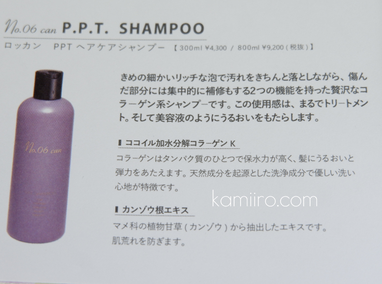 ナンバーロッカンのパンフレット「PPTヘアケアシャンプー」のページを撮影した写真